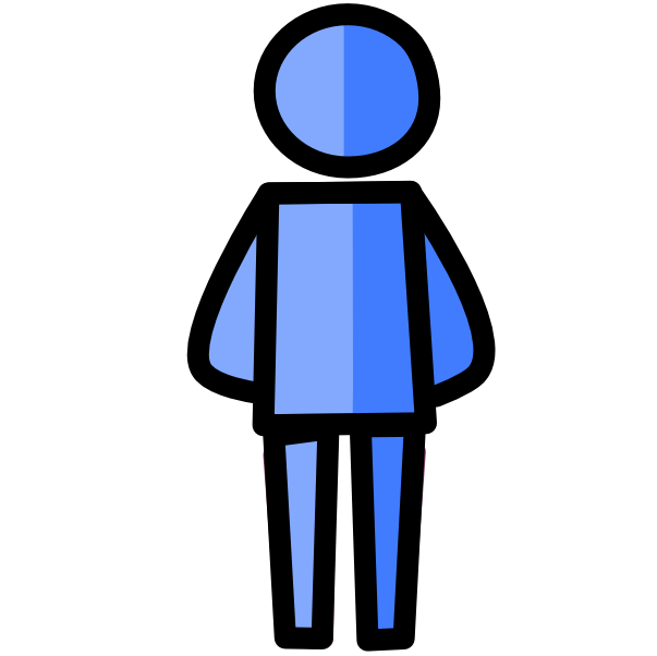   a simplified figure of a blue person that has a square body with the right half being a lighter blue. The image has black line art.